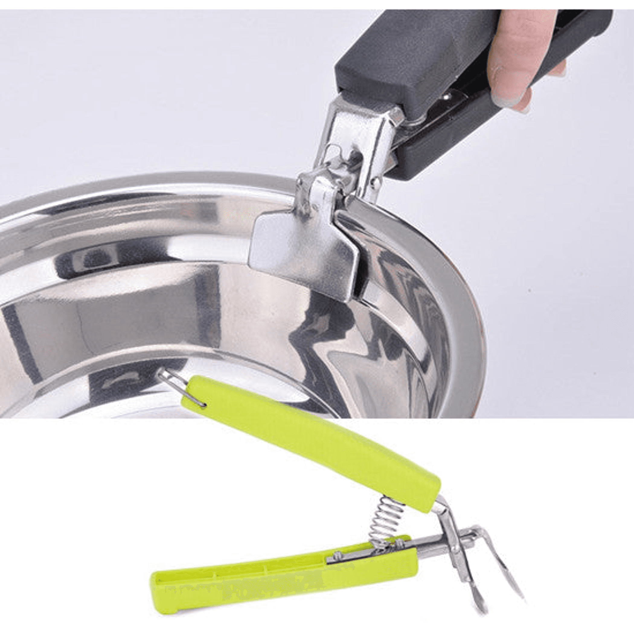 Hot pot picker with cool-touch black and lime handles, spring clamp for lifting pots