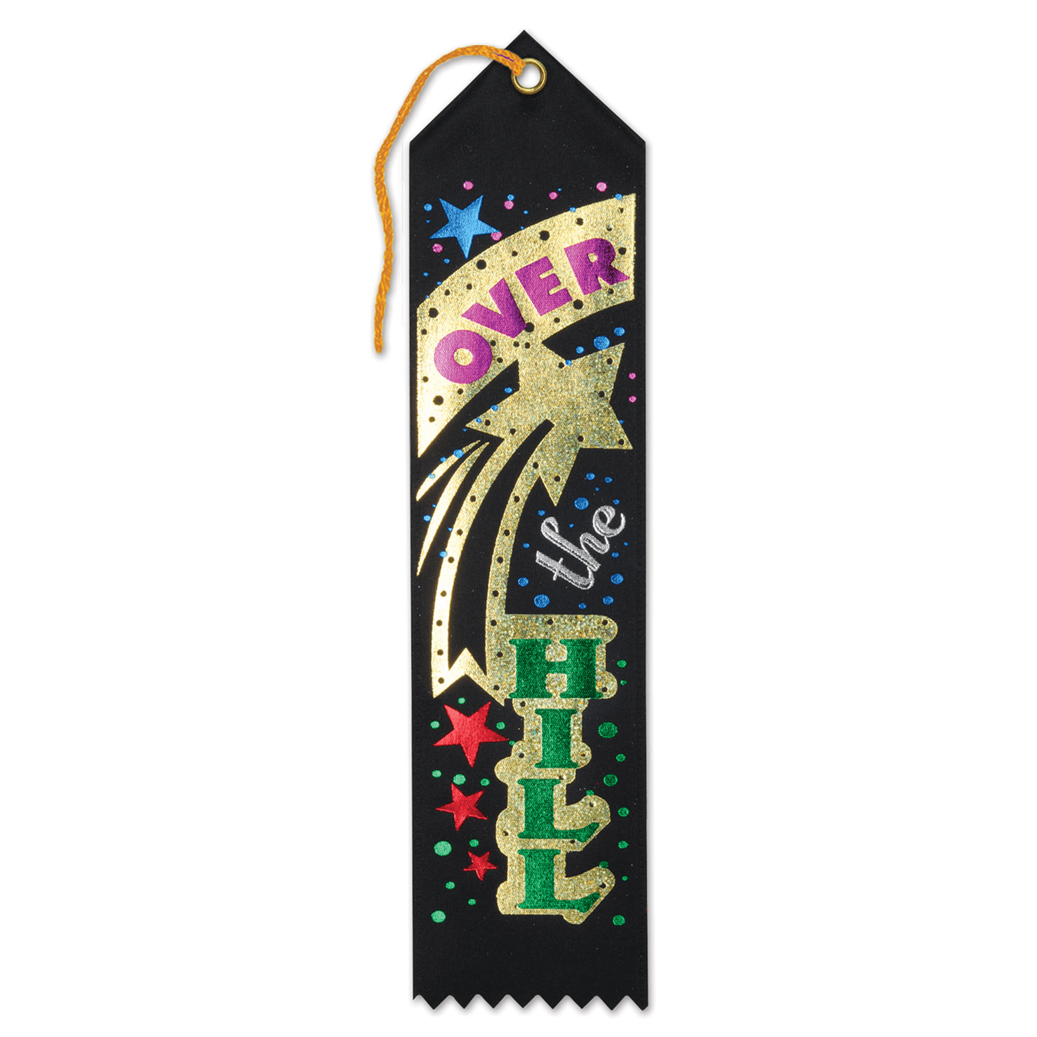 Black award ribbon with gold glitter 'OVER' and multicolor star confetti, hanging tie