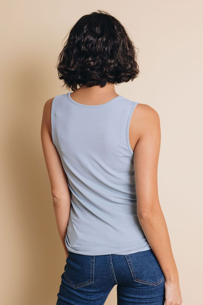 Light blue ribbed sleeveless tank top, back view