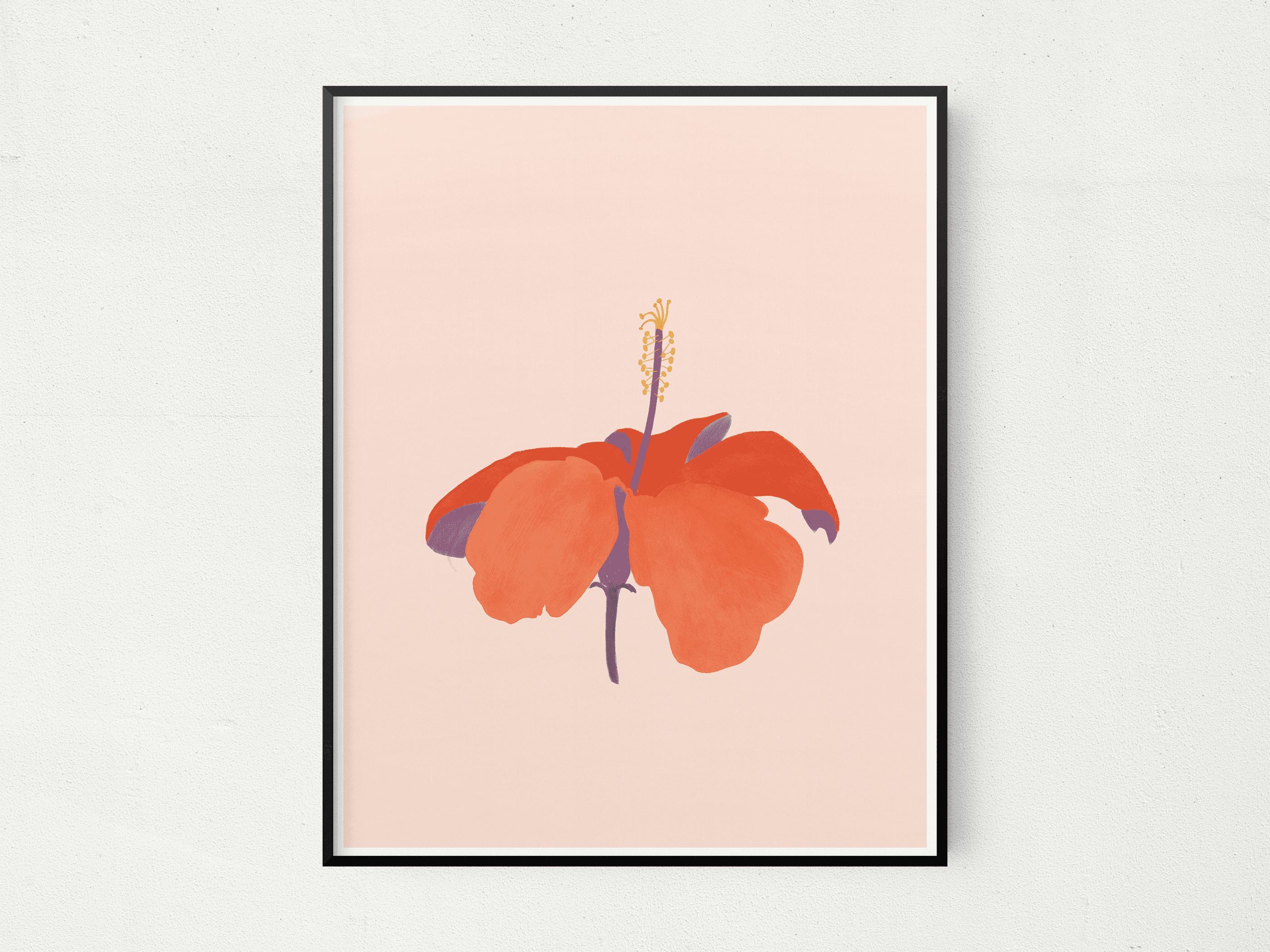 Black-framed vertical hibiscus print with centered orange petals and purple center