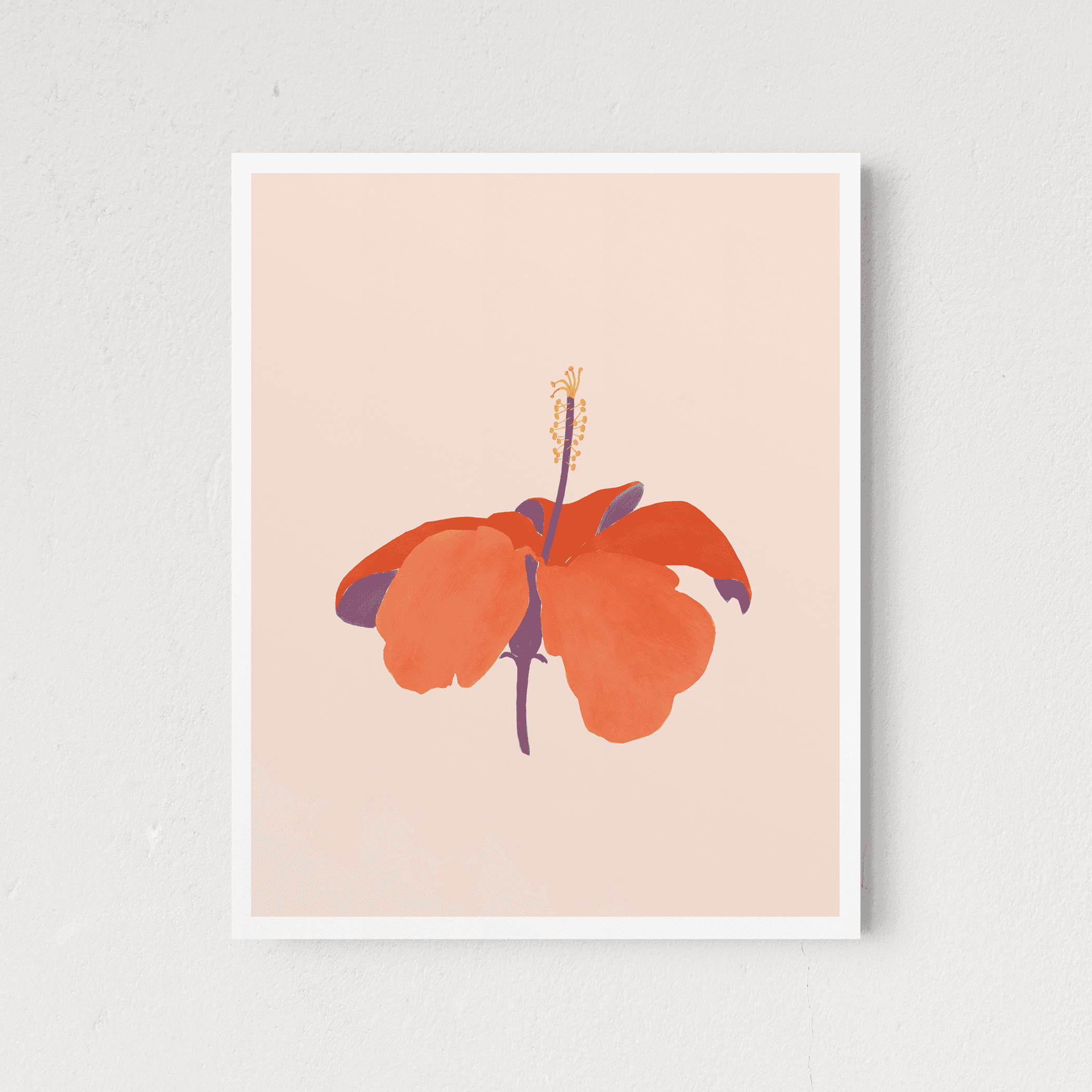 White-framed hibiscus flower print with orange petals and purple center