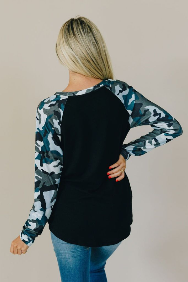 Women's black camo long-sleeve top with blue-gray camo raglan sleeves (back)