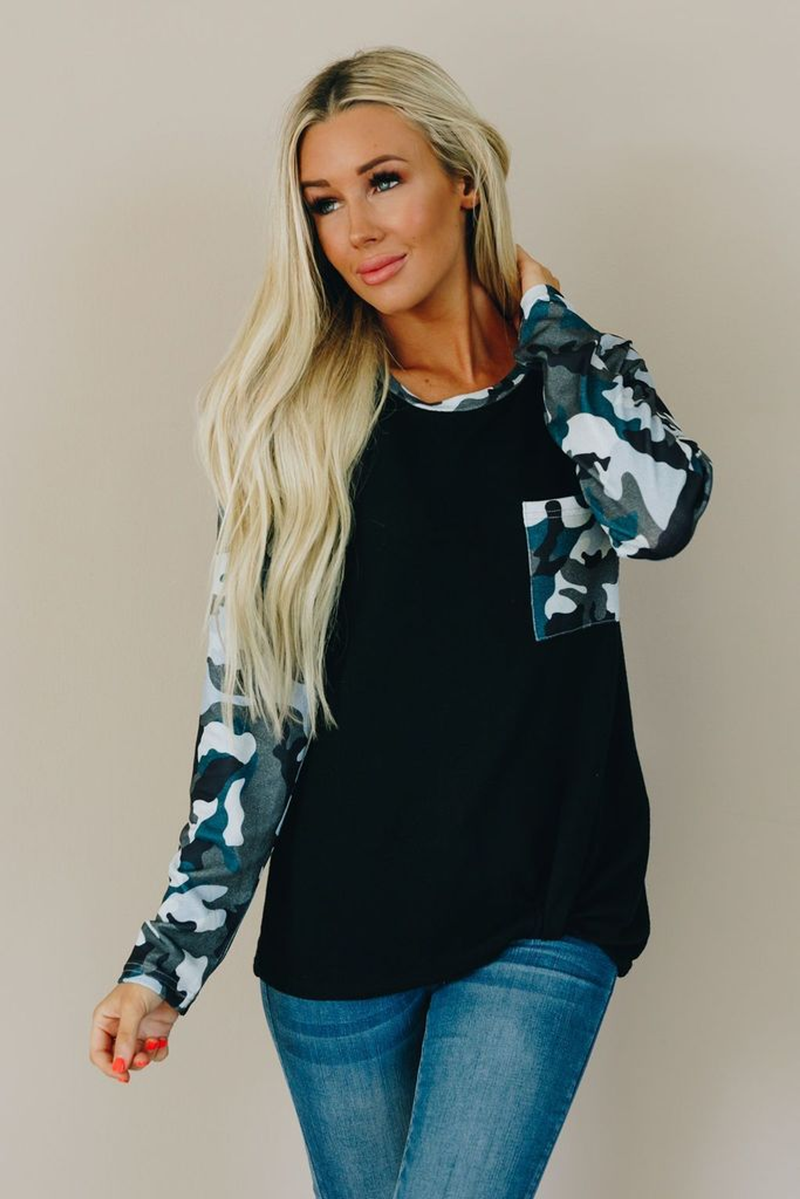 Women's black camo long-sleeve top with blue-gray camo sleeves, three-quarter front