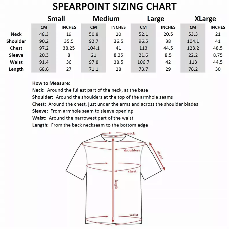 SPEARPOINT sizing chart for short-sleeve crew-neck shirt measurements
