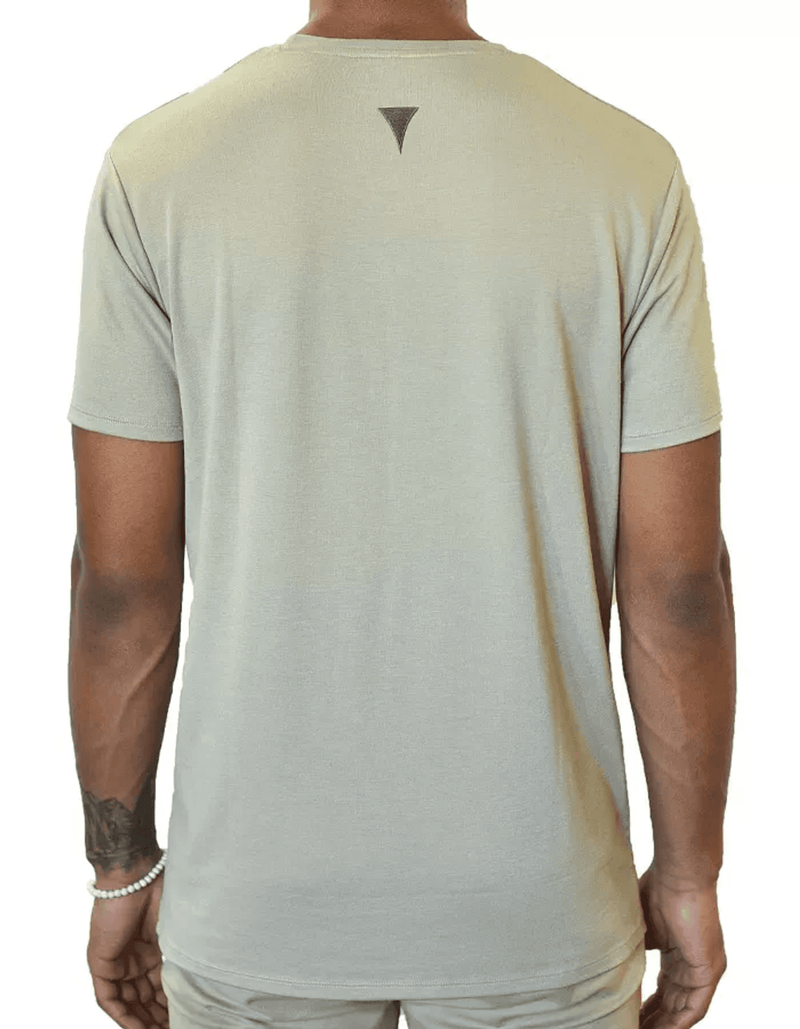 Crew-neck T-shirt in light taupe, short sleeves, back view