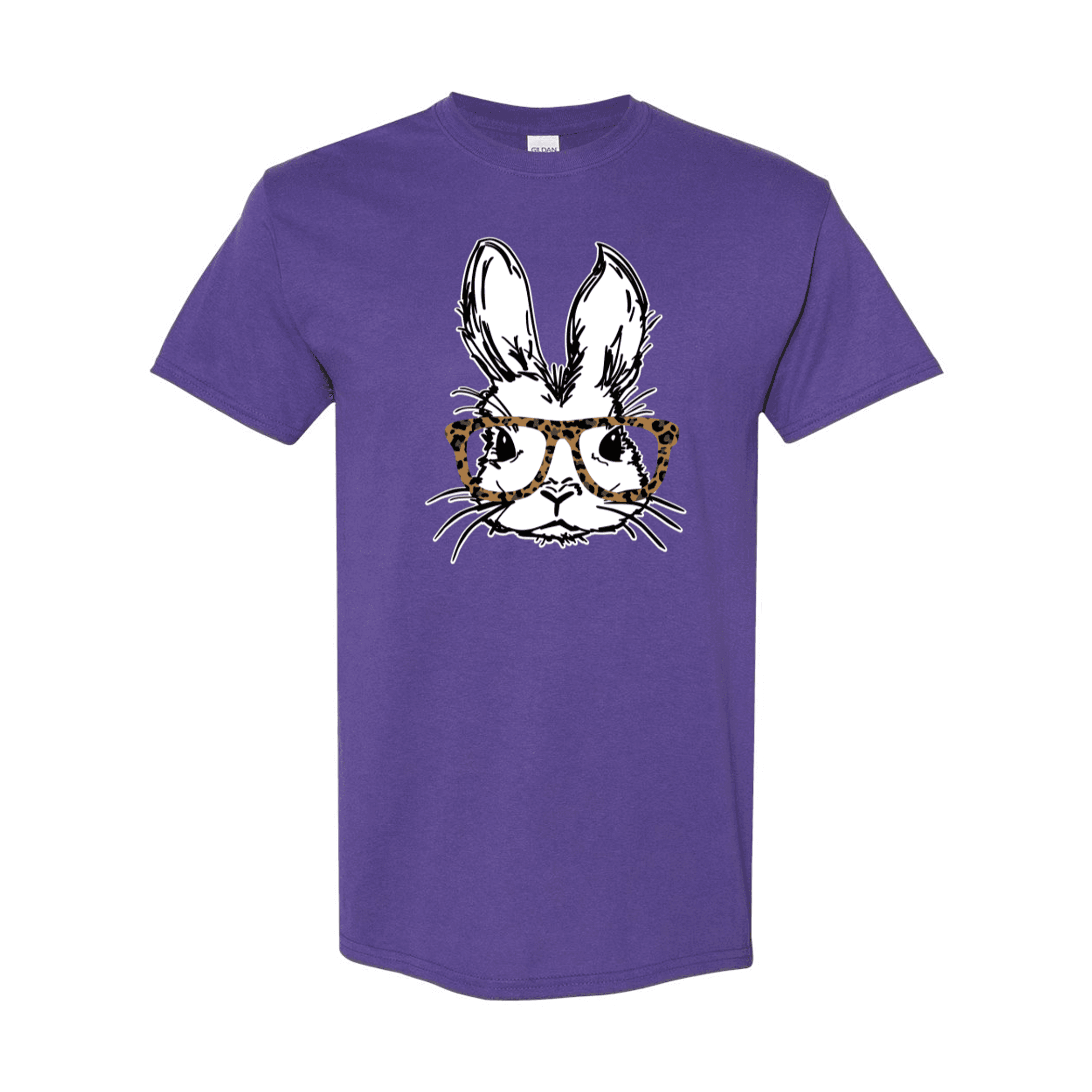 Purple crewneck T-shirt with centered bunny face graphic wearing leopard-print glasses