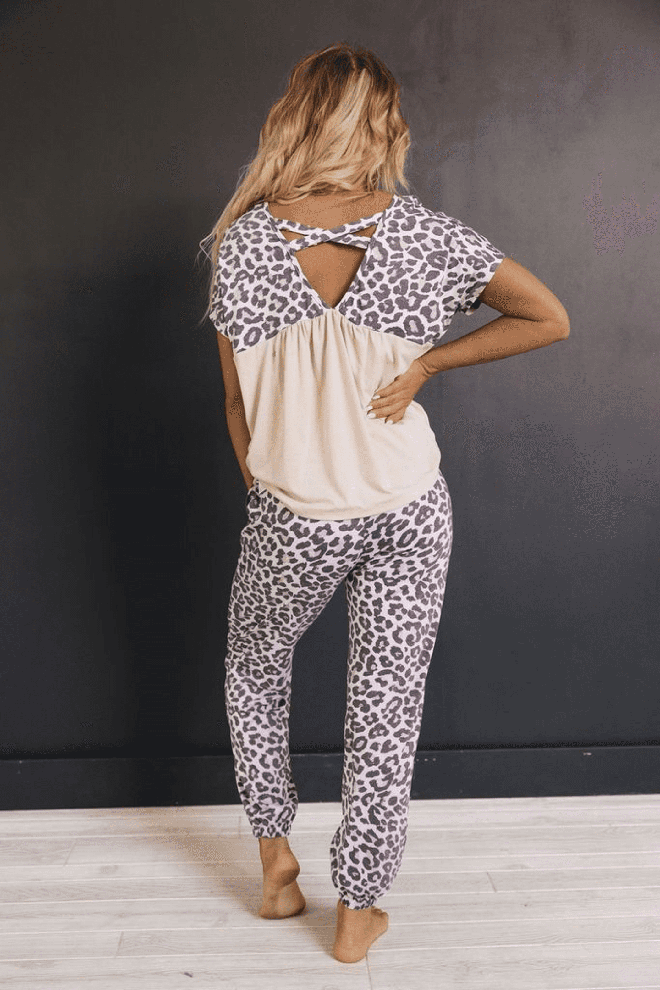 Leopard-print loungewear set with cream back keyhole top and drawstring jogger pants