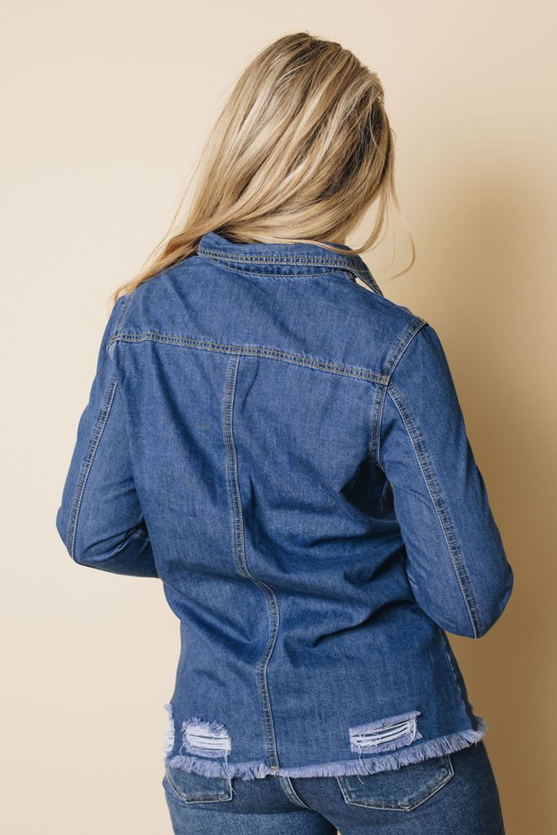 Blue denim button-up top, back view with yoke seam and frayed lower hem