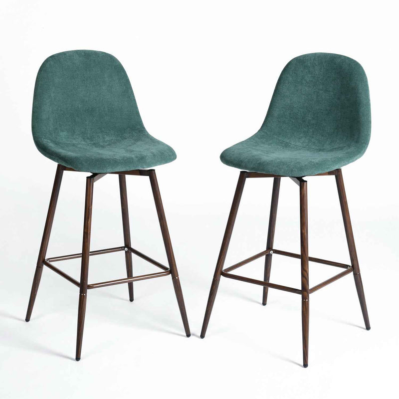 Set of Two 26" Green And Brown Velvet And Steel Counter Height Bar Chairs