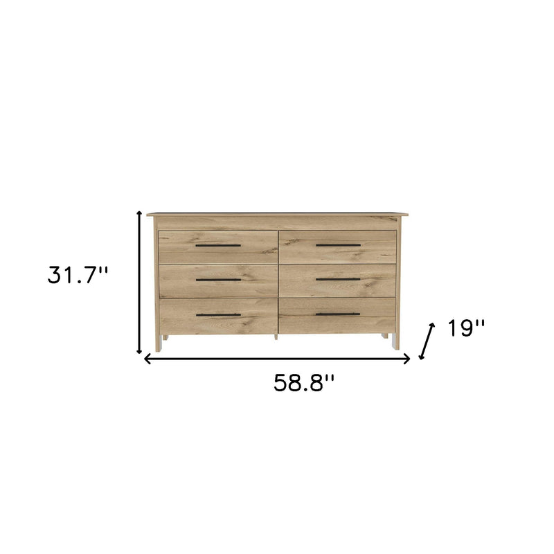 59" Natural And Black Wood Six Drawer Double Dresser - Bed & Bath