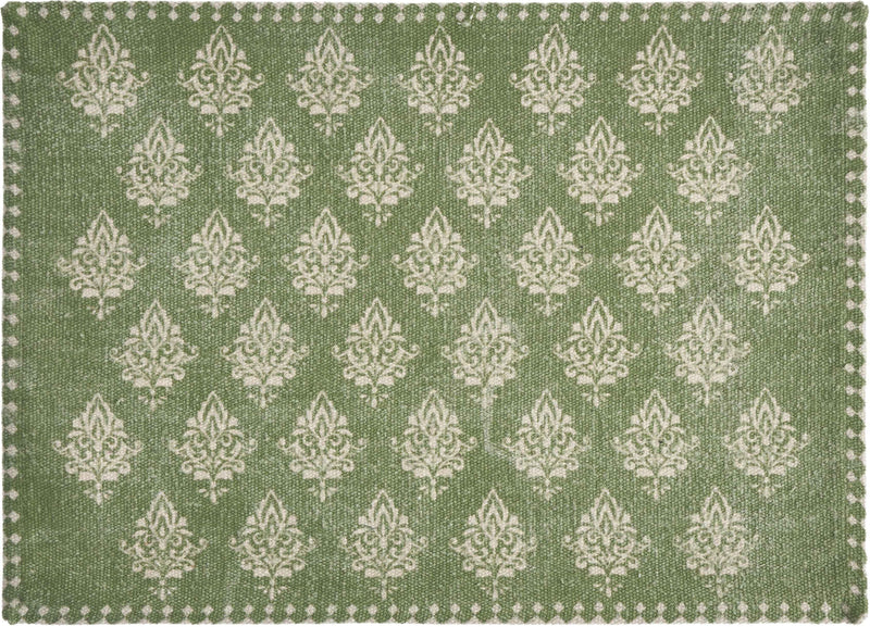 19" Set of Four Green And Cream Geometric Medallion Cotton Placemats