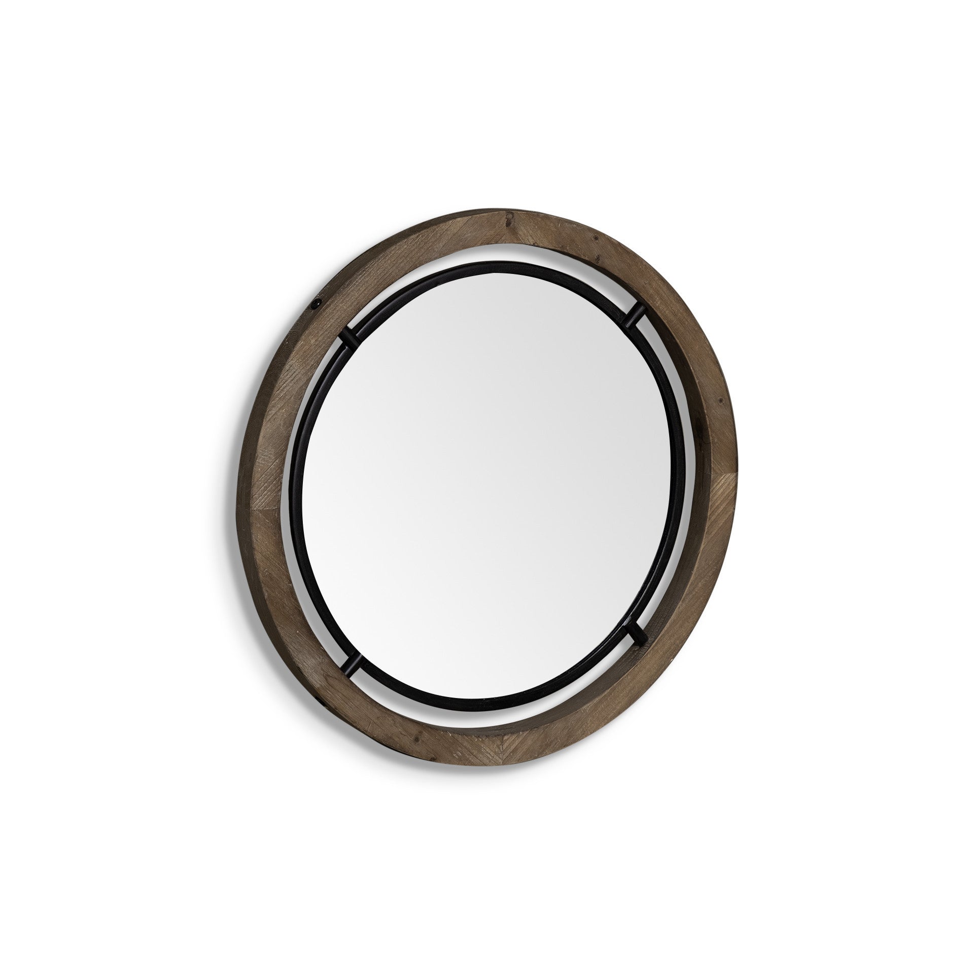 19" Black And Brown Metal And Solid Wood Round Geometric Framed Accent Mirror - Bed & Bath