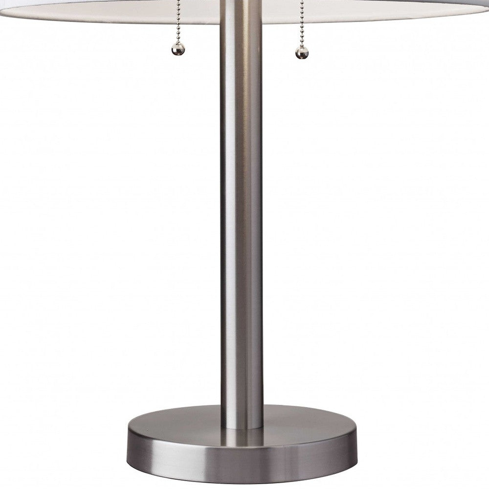 28" Silver Metal Two Light Bedside Table Lamp With White Drum Shade - Lighting