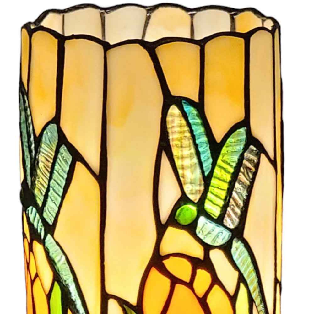 11" Beige and Green Dragonfly Stained Glass Accent Lamp