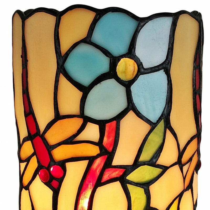 10" Red and Beige Dragonfly Stained Glass Accent Lamp - Lighting