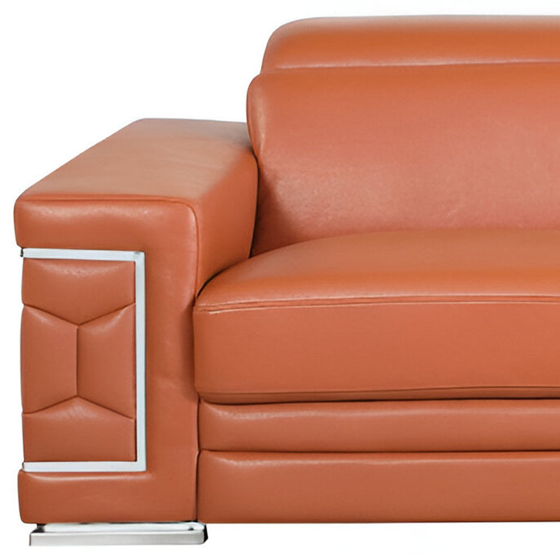 89" Camel Italian Leather Sofa With Silver Legs - Living Room