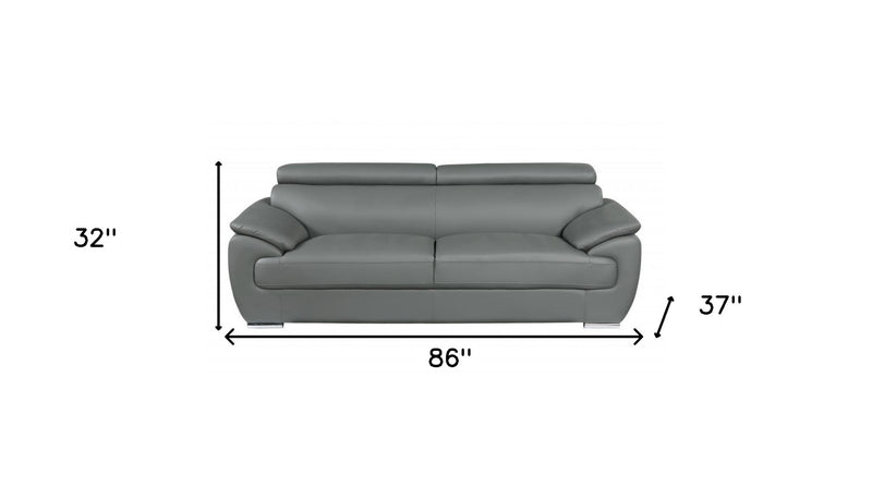 86" Gray Leather Sofa With Silver Legs - Living Room