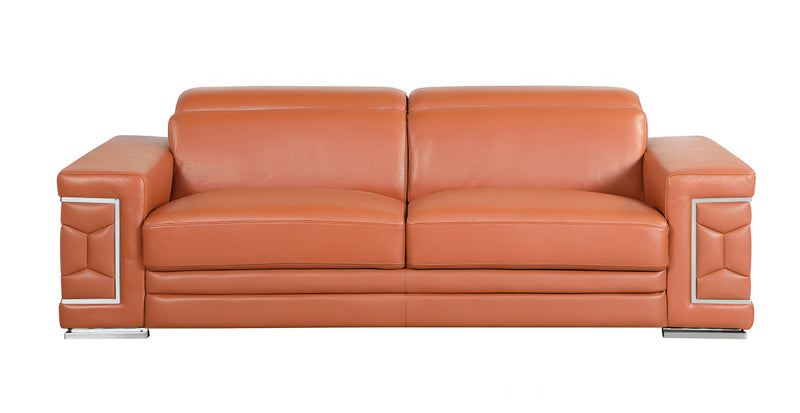89" Camel Italian Leather Sofa With Silver Legs - Living Room