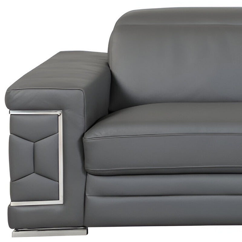 89" Dark Gray Italian Leather Sofa With Silver Legs - Living Room