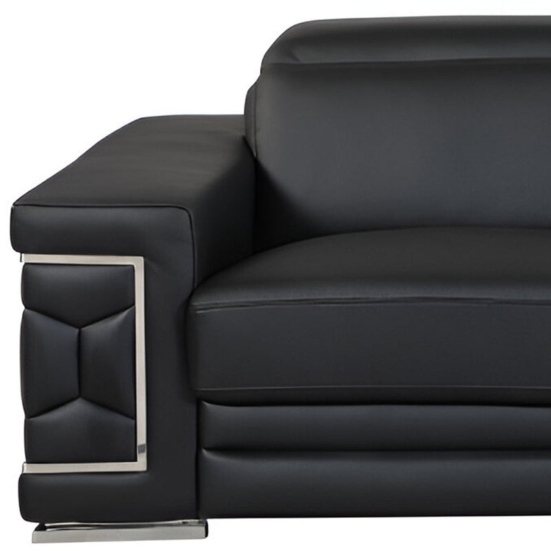 89" Black Italian Leather Sofa With Silver Legs - Living Room