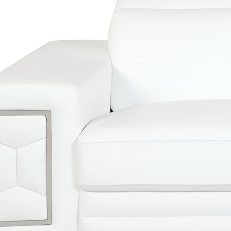89" White Italian Leather Sofa With Silver Legs - Living Room