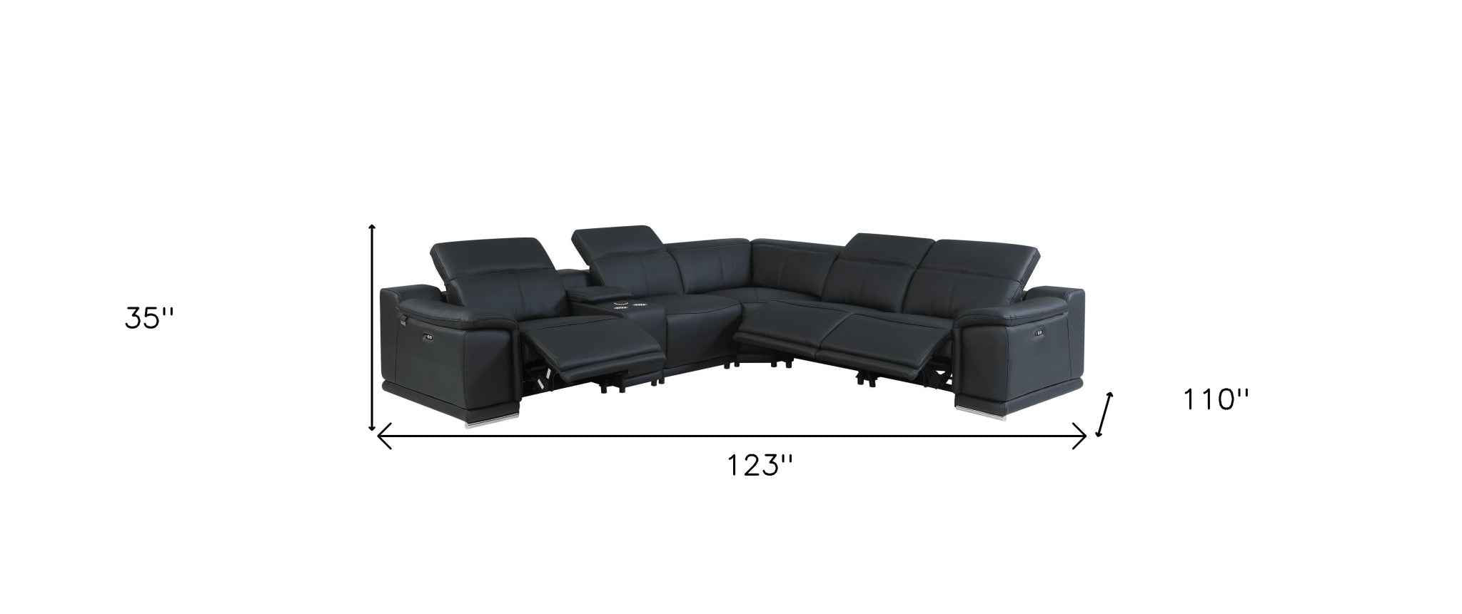 Black Italian Leather Power Reclining U Shaped Six Piece Corner Sectional With Console