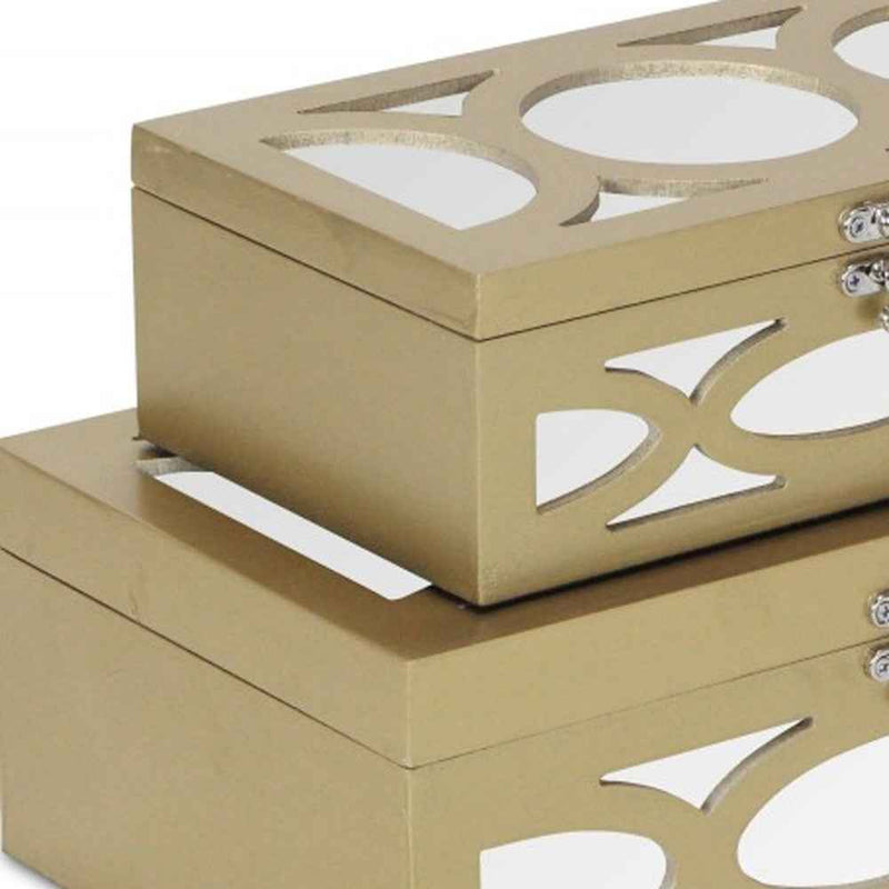 Set of Two Gold Oval Scroll Mirror Jewelry Storage Boxes