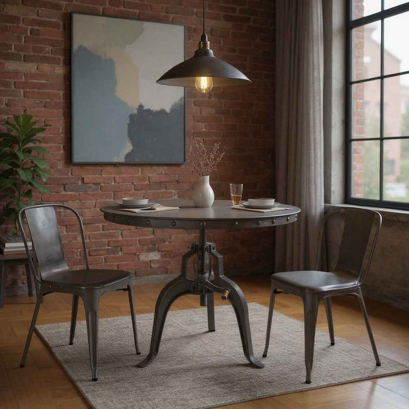 36" Industrial Gray Adjustable Crank Round Top Dining Table.