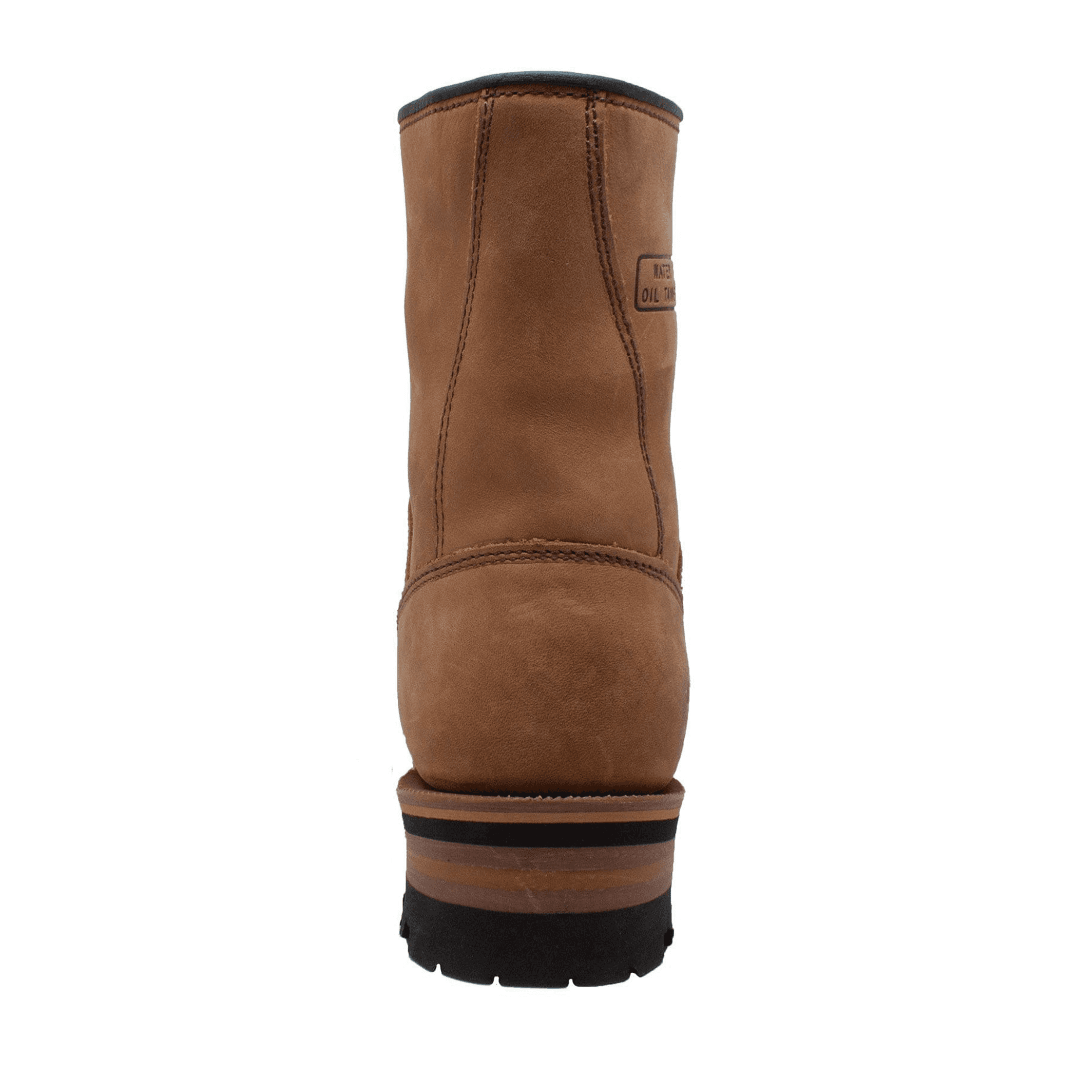 Rear view of tan/brown logger boots showing heel tab and black lug outsole