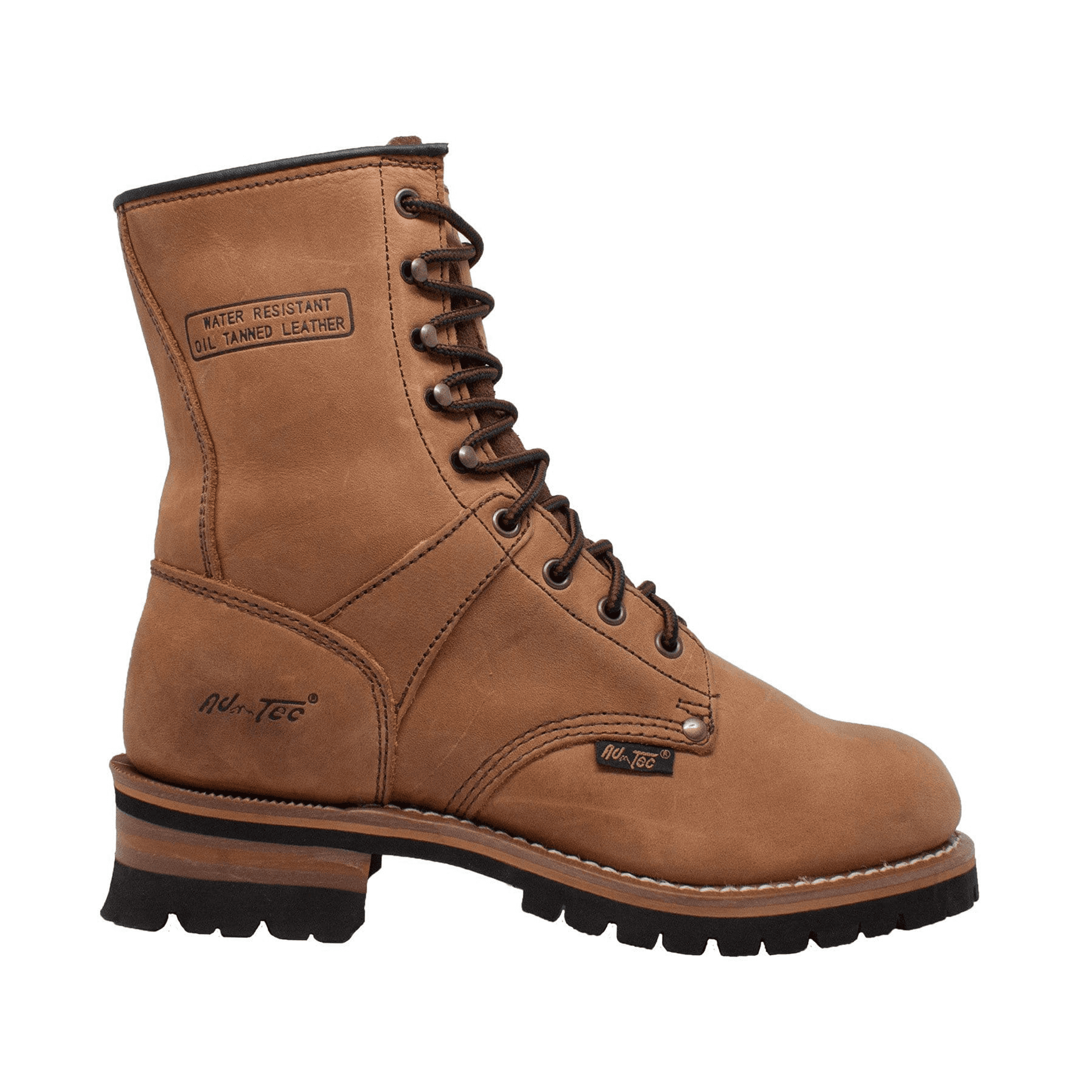 Tan/brown leather 9-inch logger boots with lace-up closure, stitched panels, and lug sole