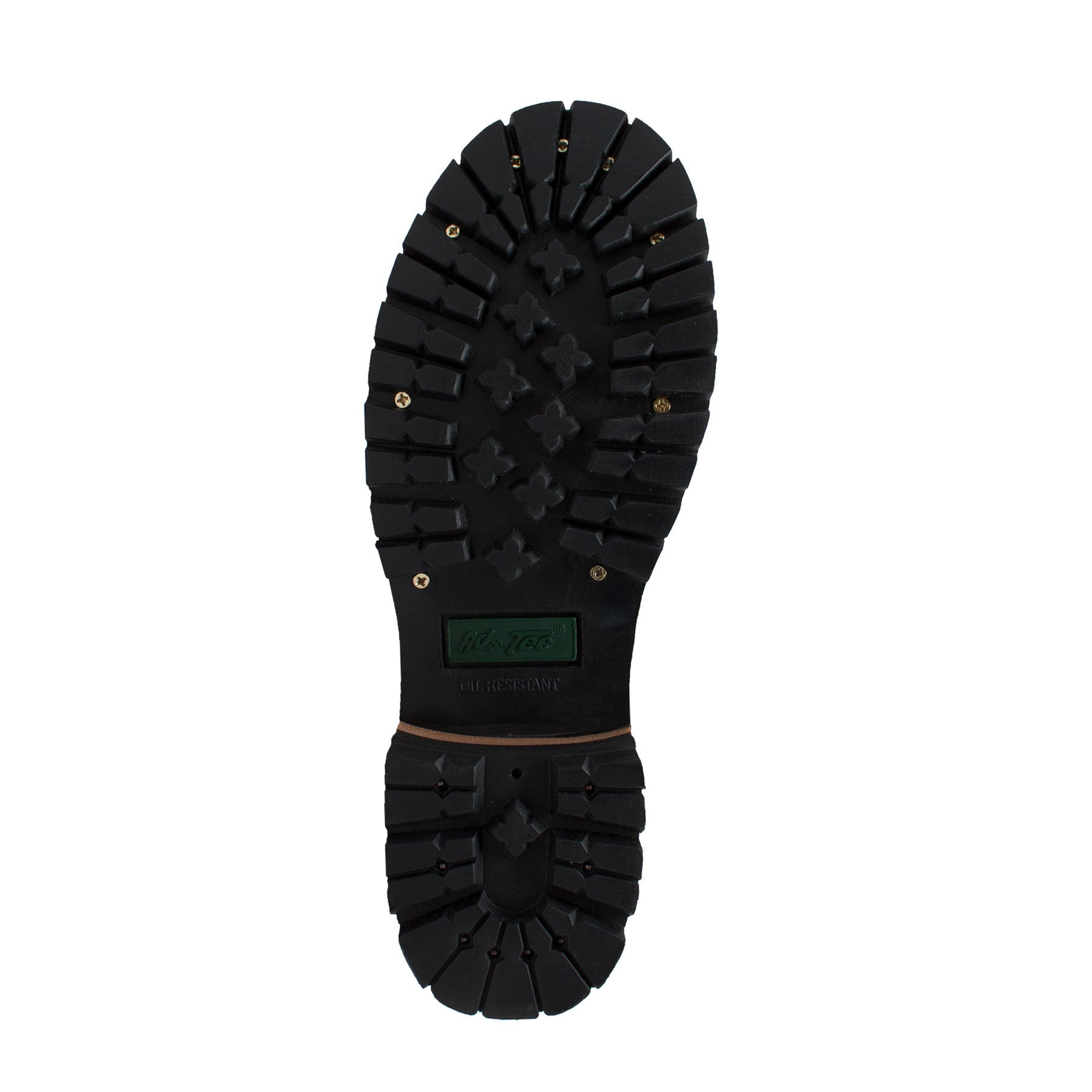 Logger boot outsole bottom view with black lug tread and raised traction details
