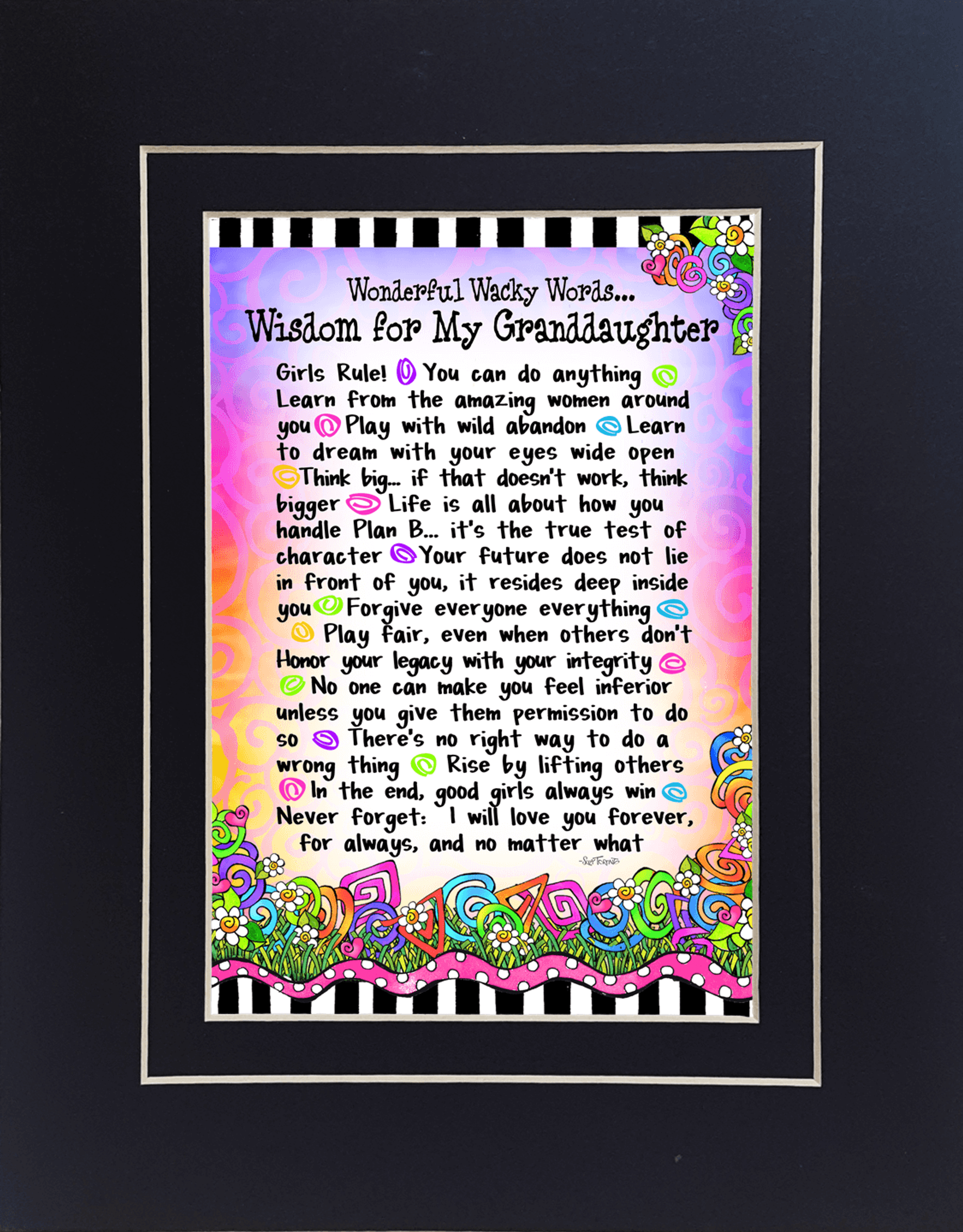 Framed wisdom quote art print with colorful decorative border and patterned bottom