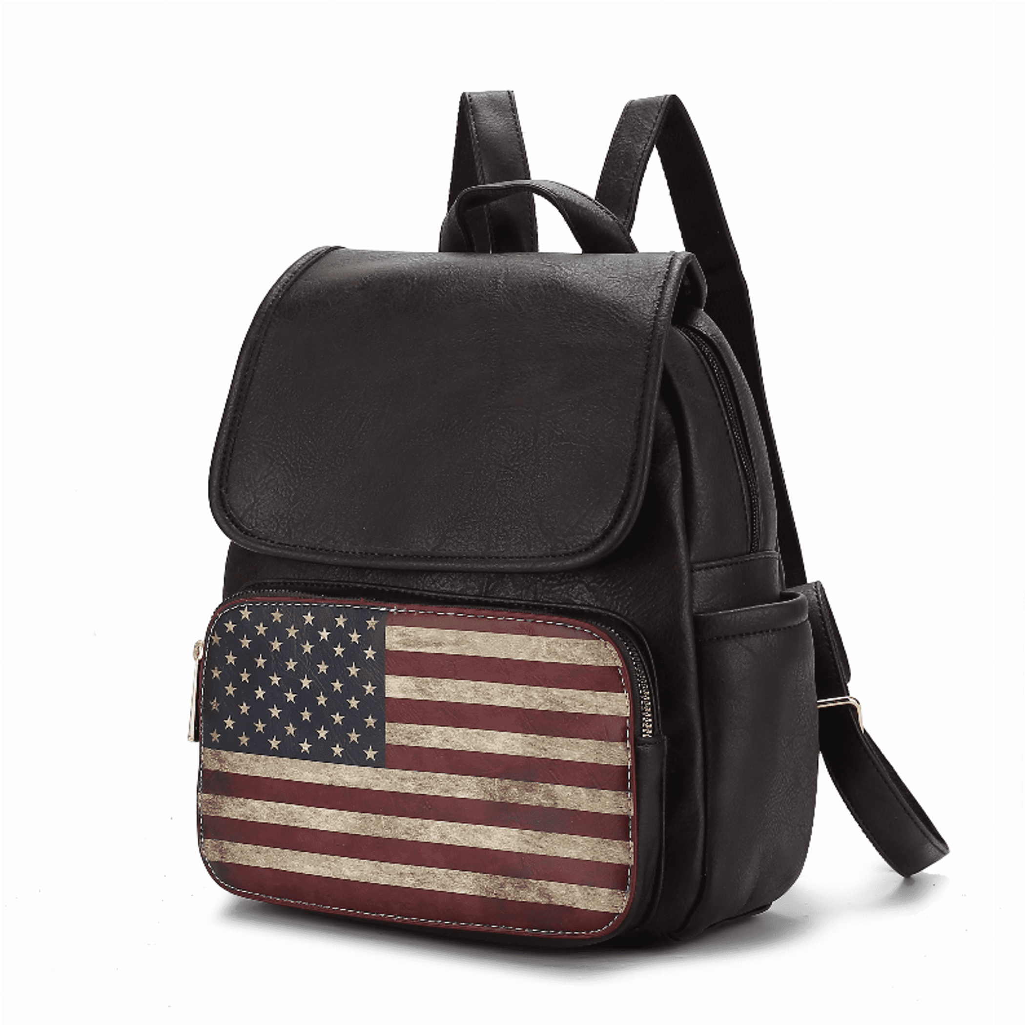 Black vegan leather backpack with top flap, front American flag zip pocket, dual straps