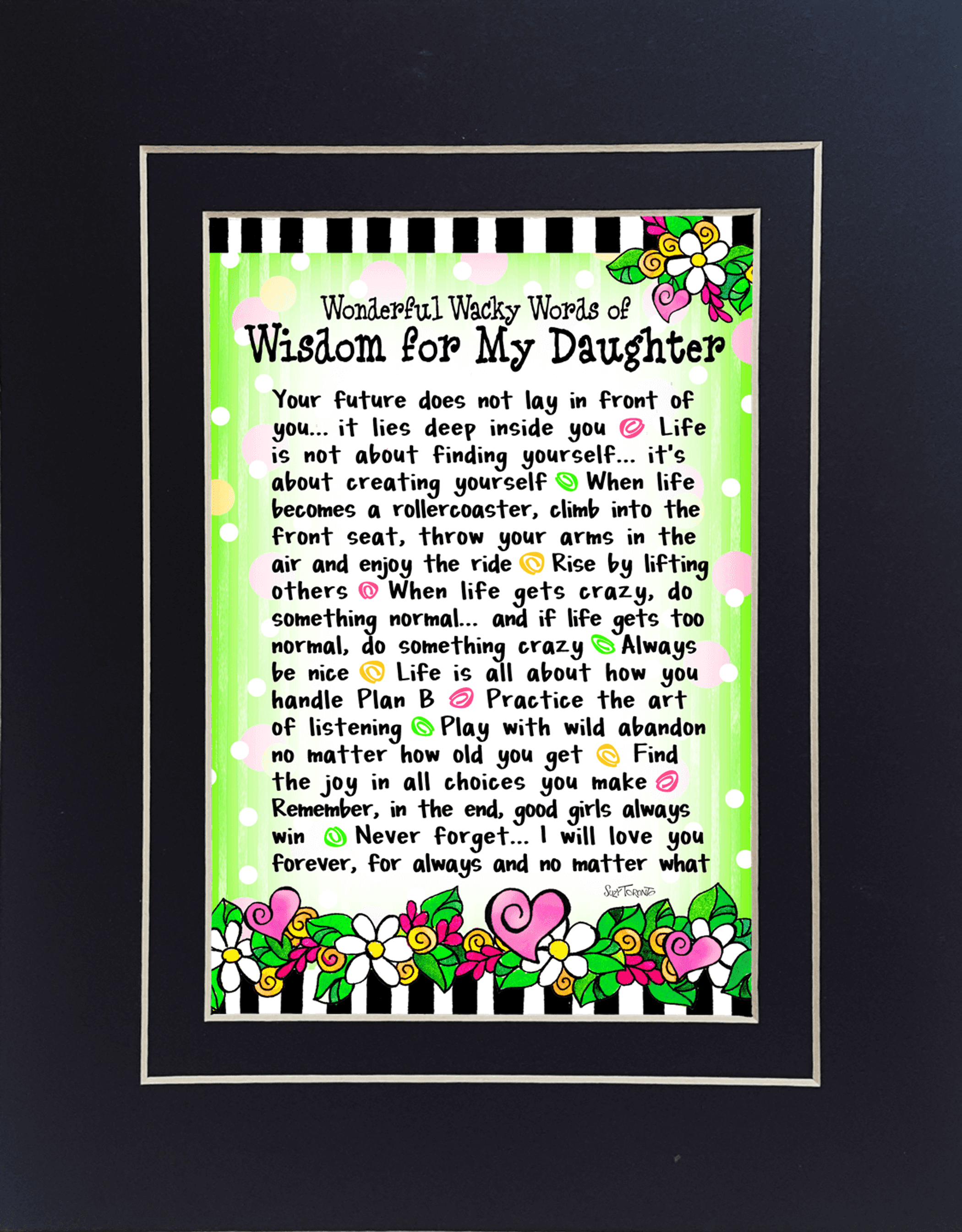 Framed inspirational quote print with colorful floral border and green gradient background