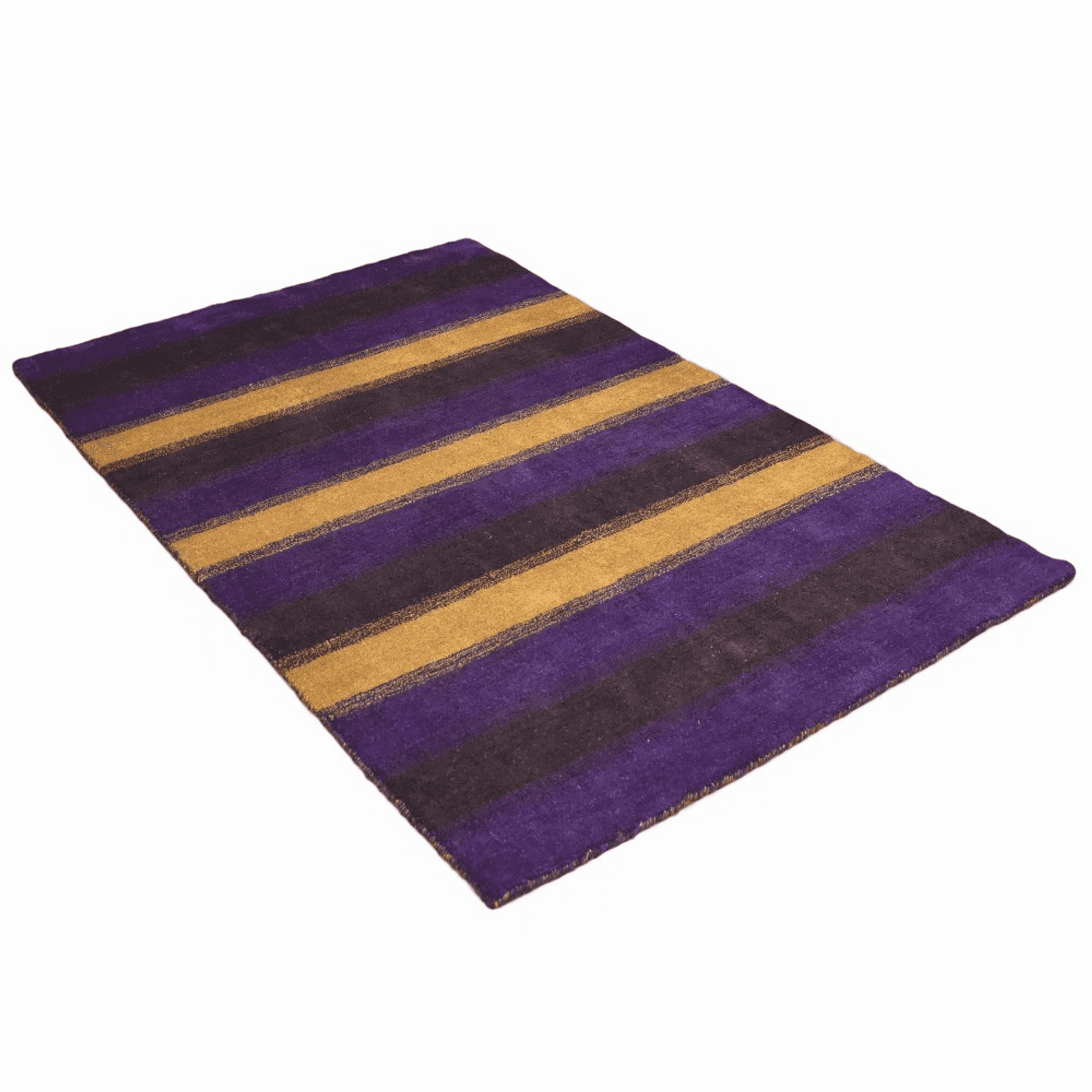 Rectangular striped area rug with purple bands and gold center lines on dark base