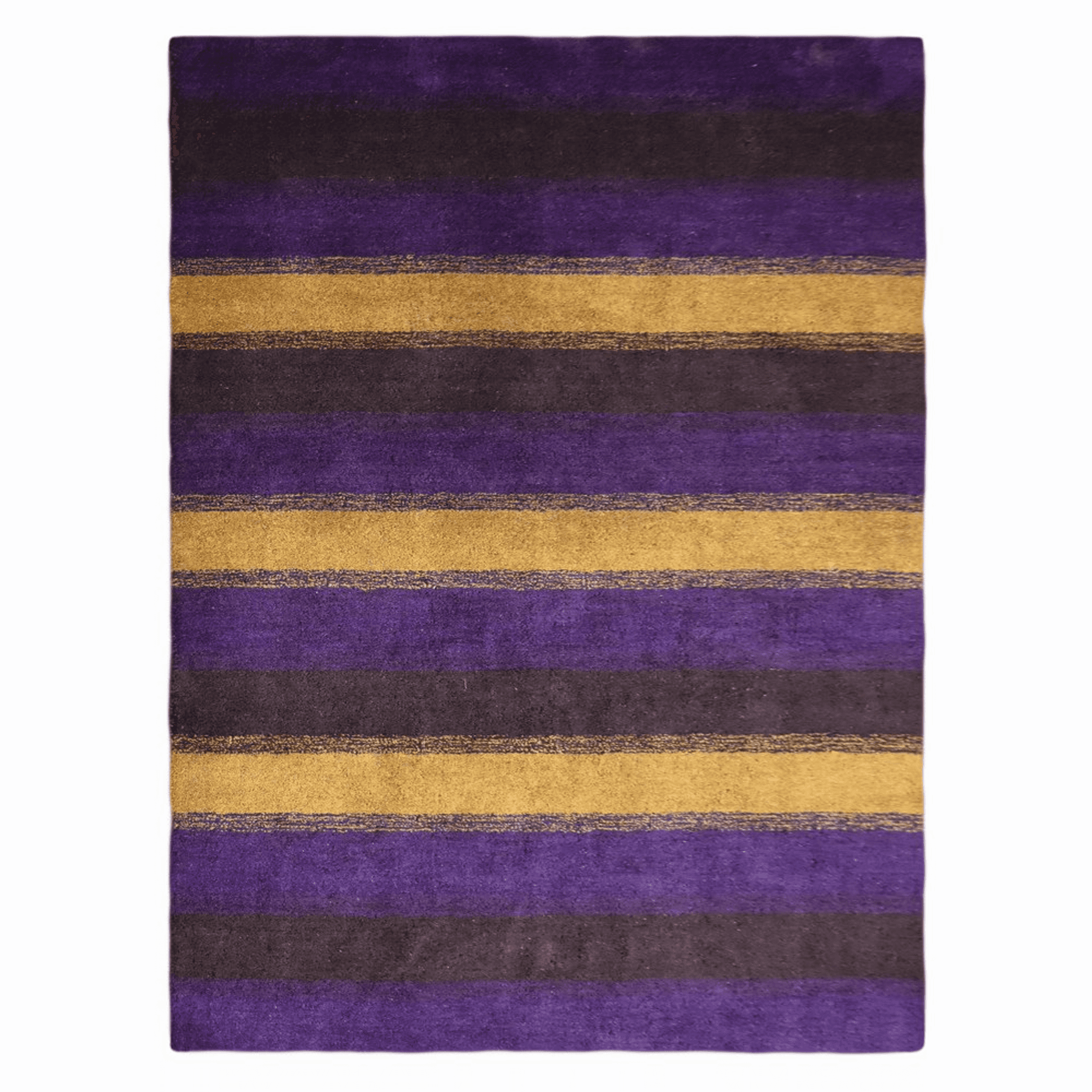 Striped area rug in purple with dark bands and gold horizontal stripes