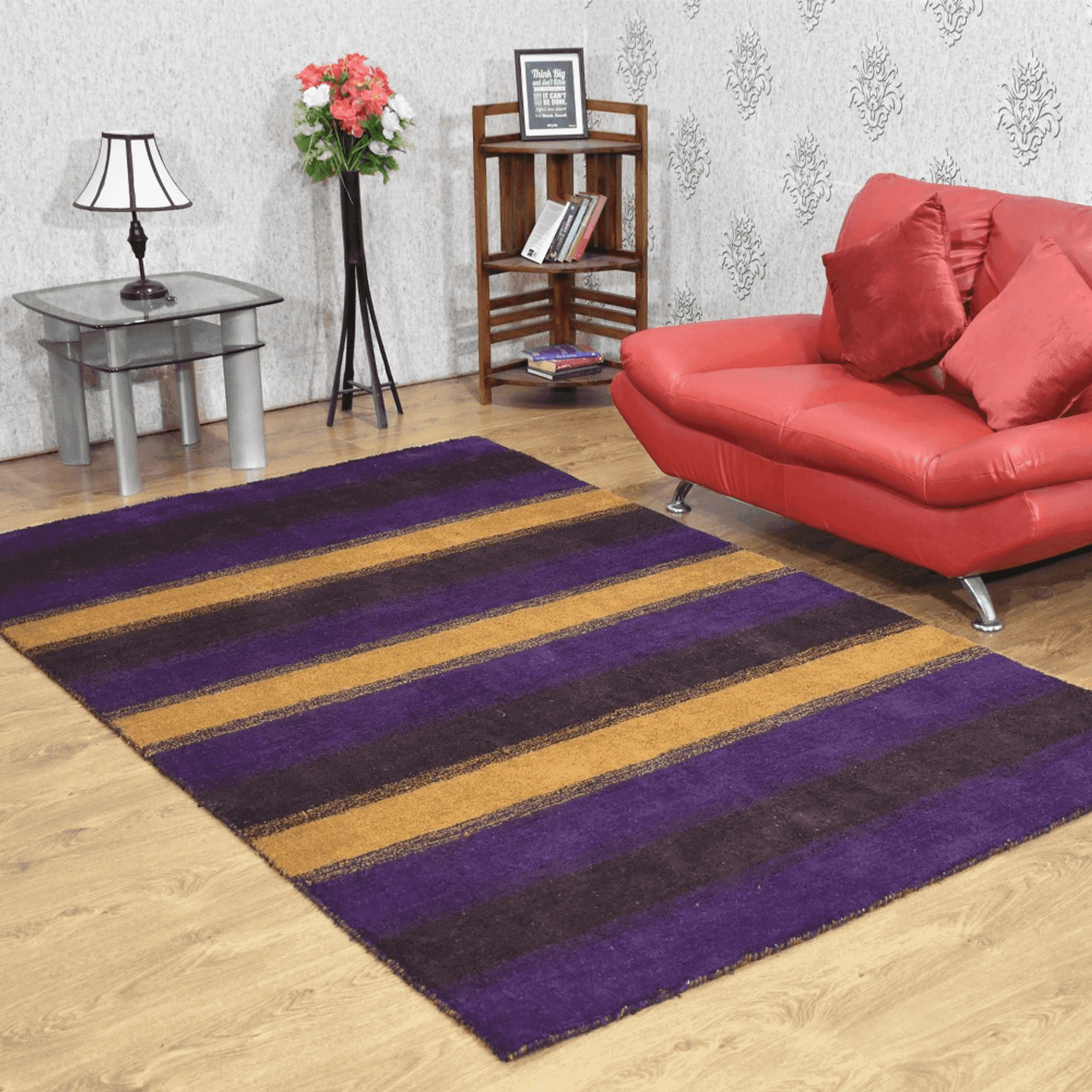 Purple, gold, and dark striped area rug with wide horizontal bands