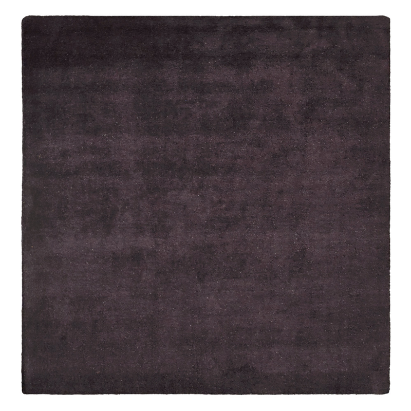 Dark purple hand-knotted silk-mix area rug, smooth square face with even pile