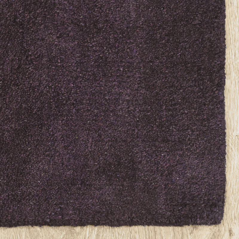 Dark purple hand-knotted silk-mix area rug, square corner with thick pile surface