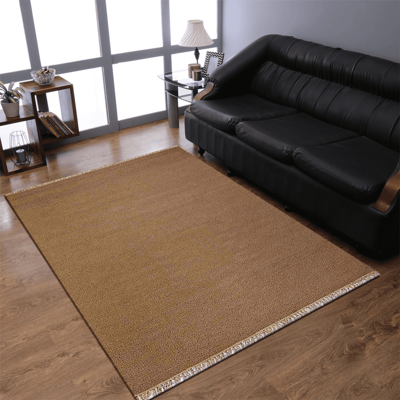 Tan-brown flatweave kilim rug with short fringe border