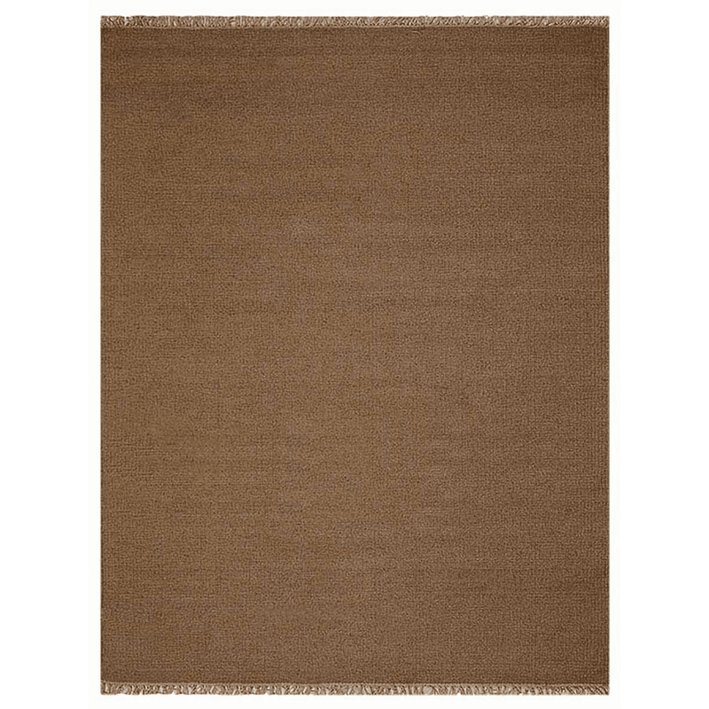 Rectangular brown wool flatweave kilim rug with short fringed border