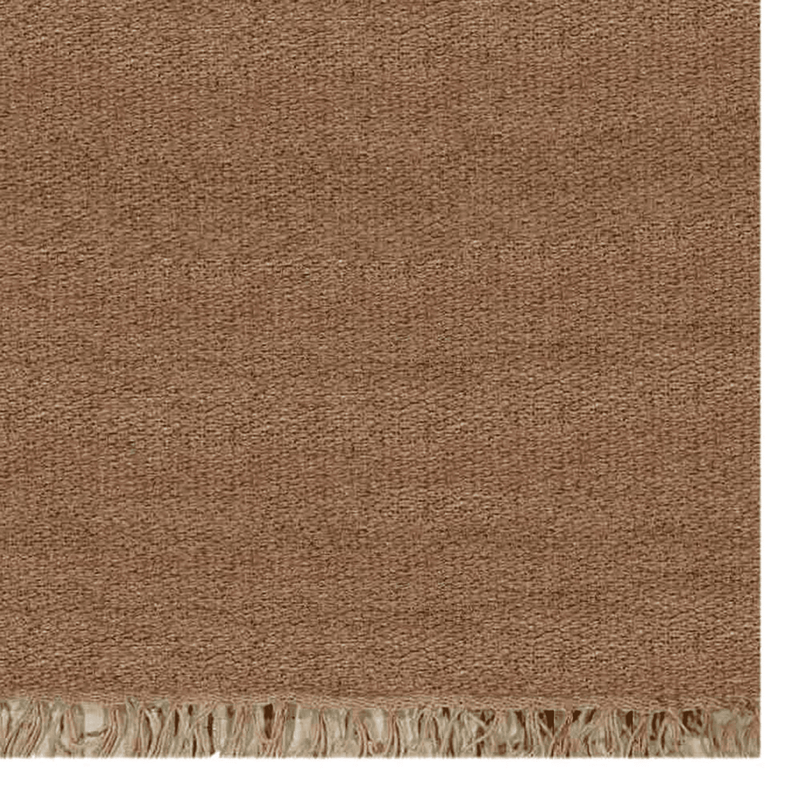 Wool flatweave kilim rug close-up, brown textured weave and short fringe