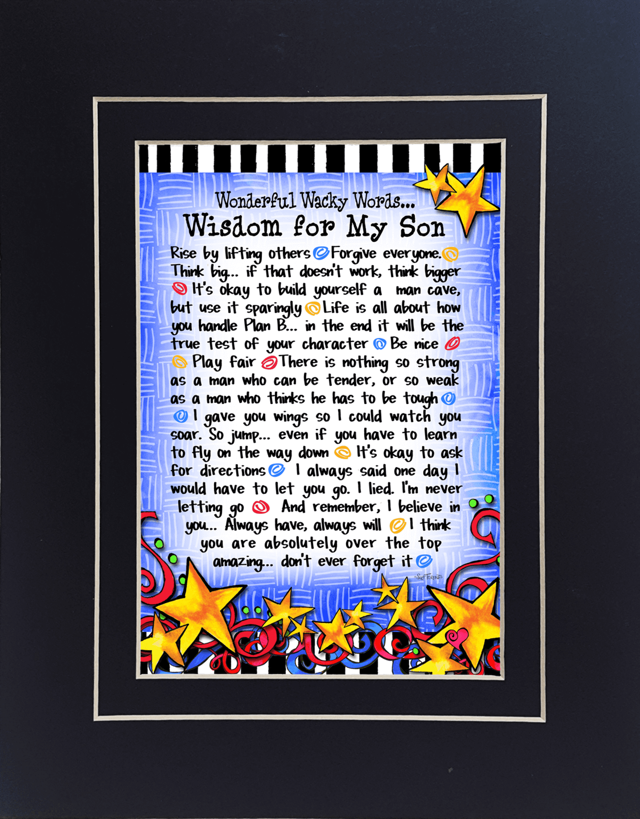 Framed wisdom quote artwork with blue panel, colorful stars, white border and stars