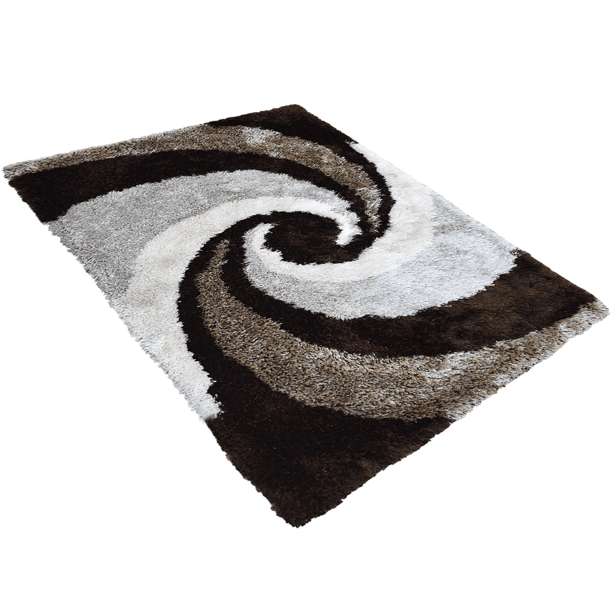 Shag area rug with swirl pattern in light gray, white, and dark brown