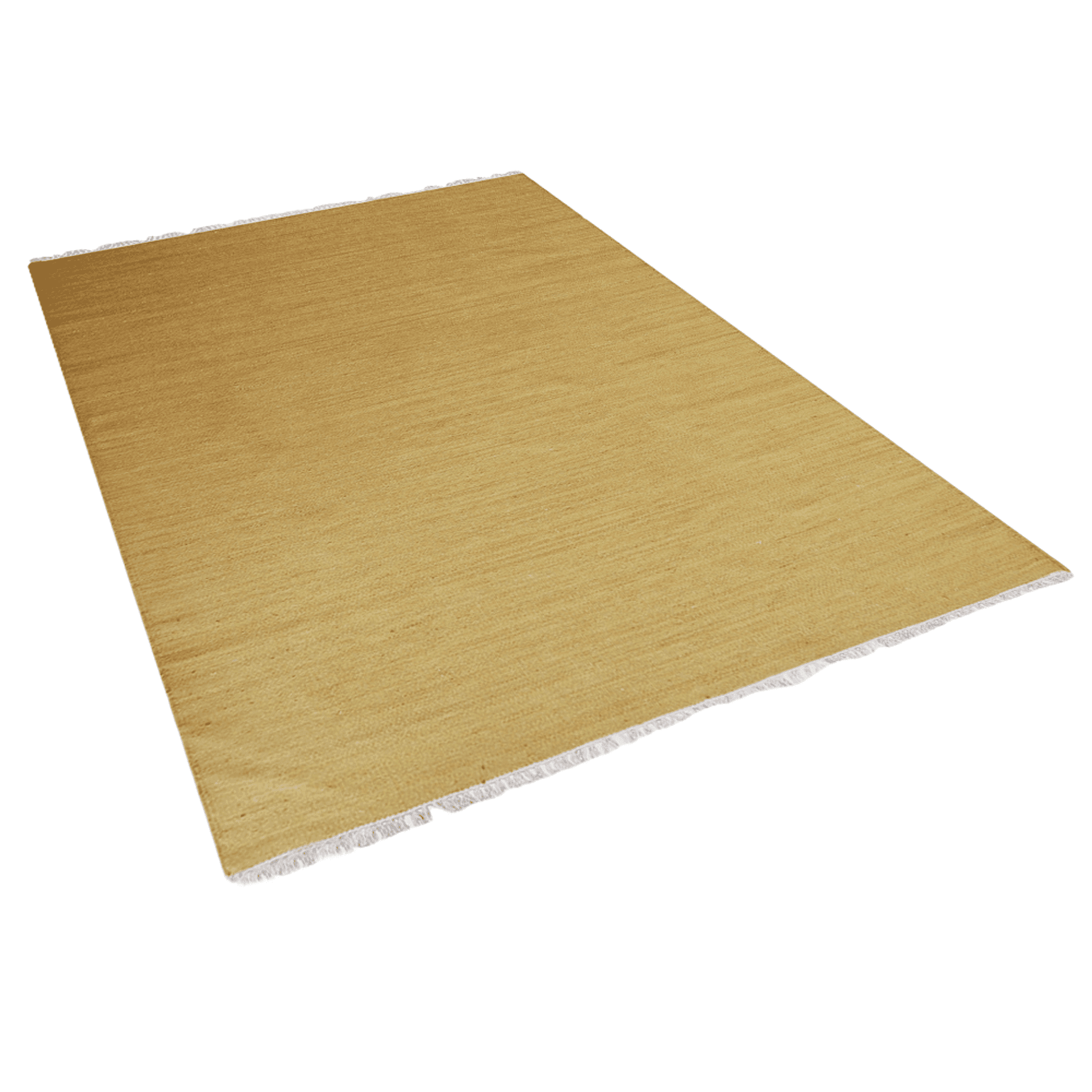 Solid mustard wool kilim area rug, flatwoven texture, short fringe edge
