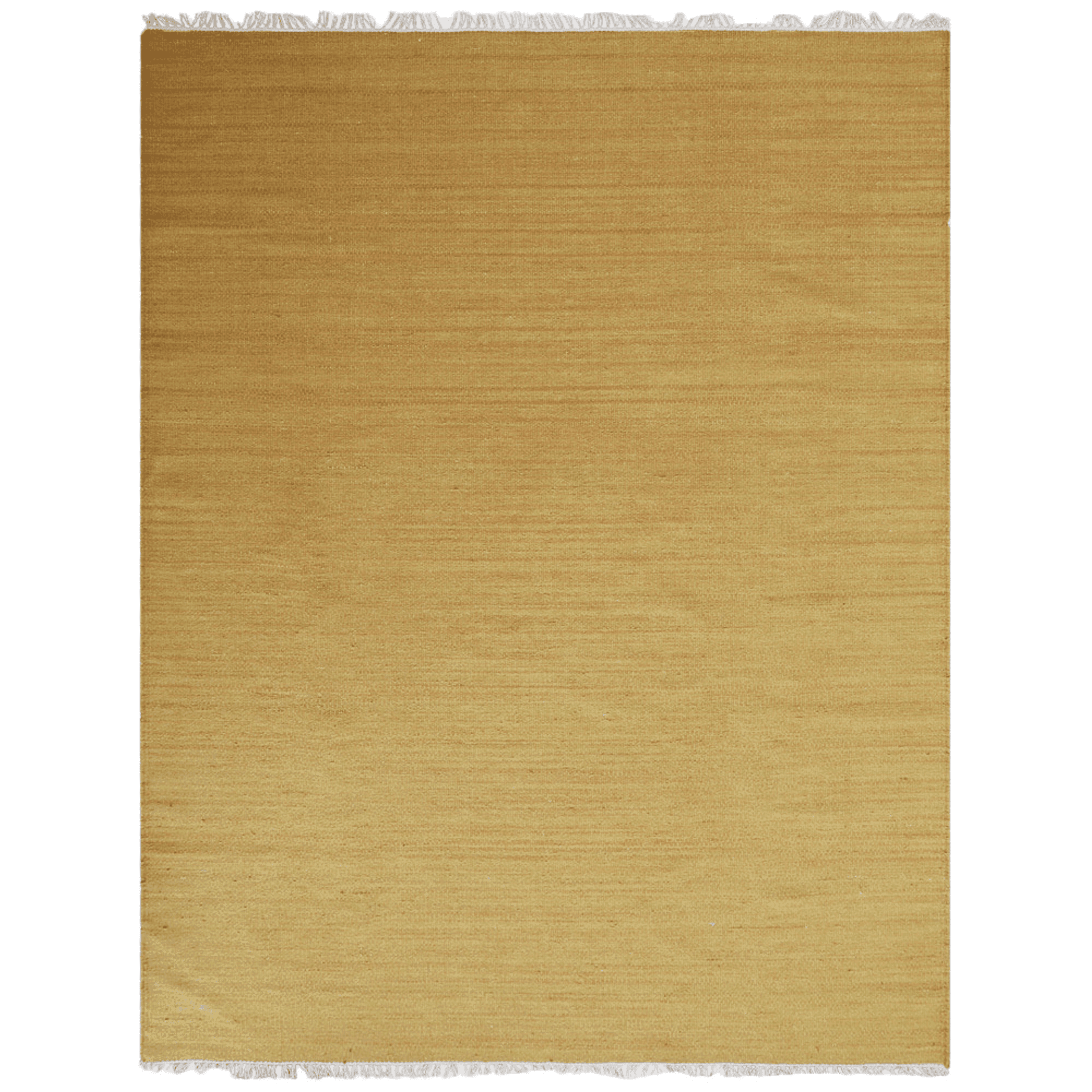 Solid mustard wool kilim area rug with fringed border, flat face