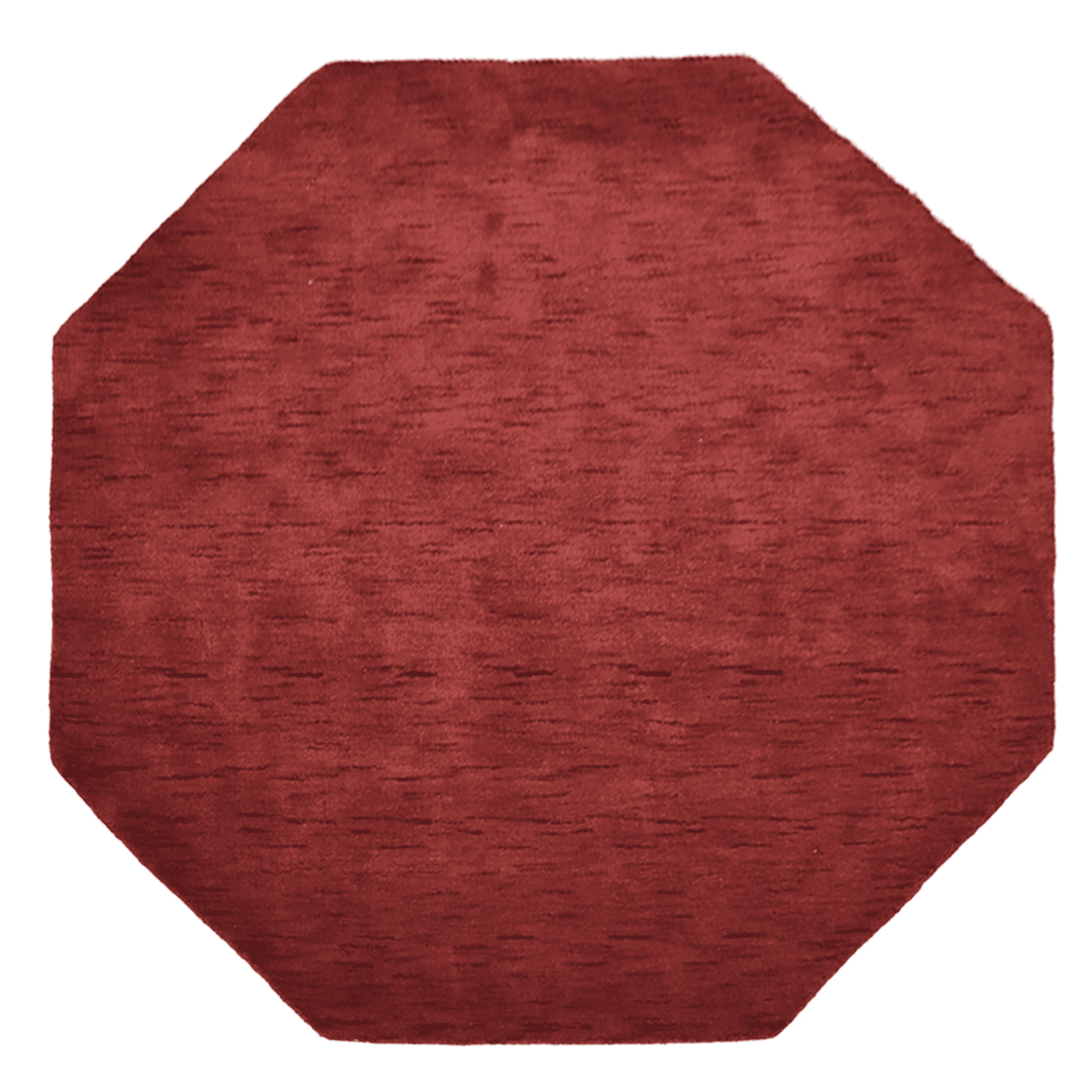 Red octagon area rug, solid color with subtle mottled texture