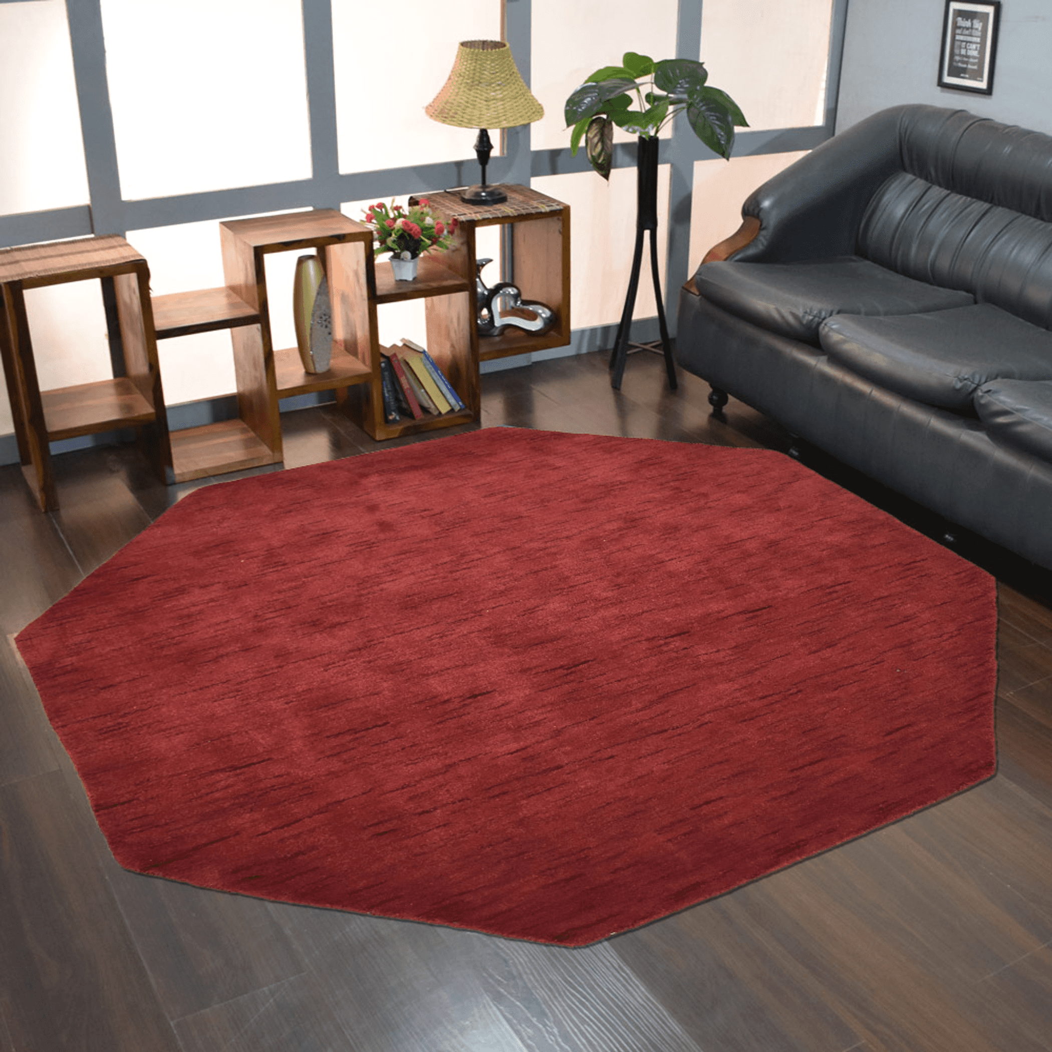 Red octagon area rug in living room setting, short textured surface