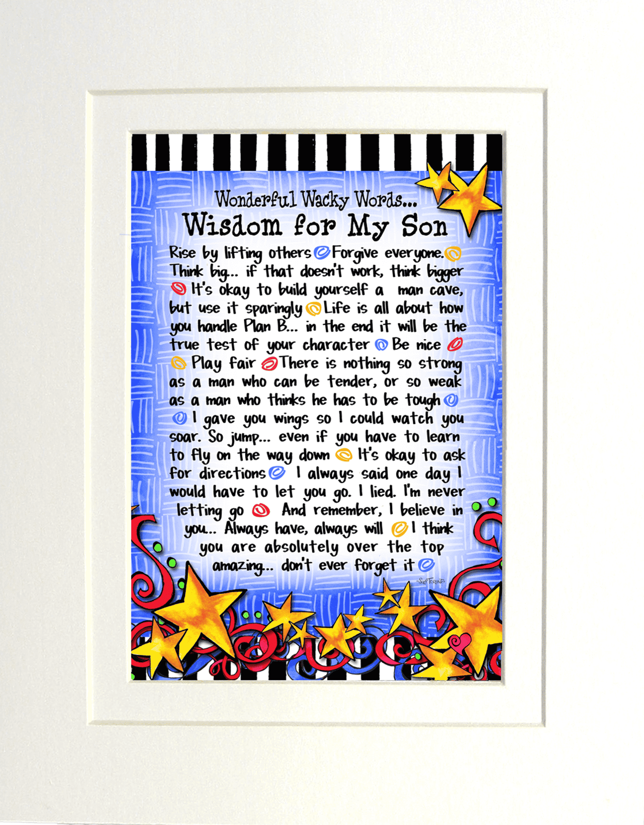 Framed wisdom quote art with blue background, colorful text, and star decorations