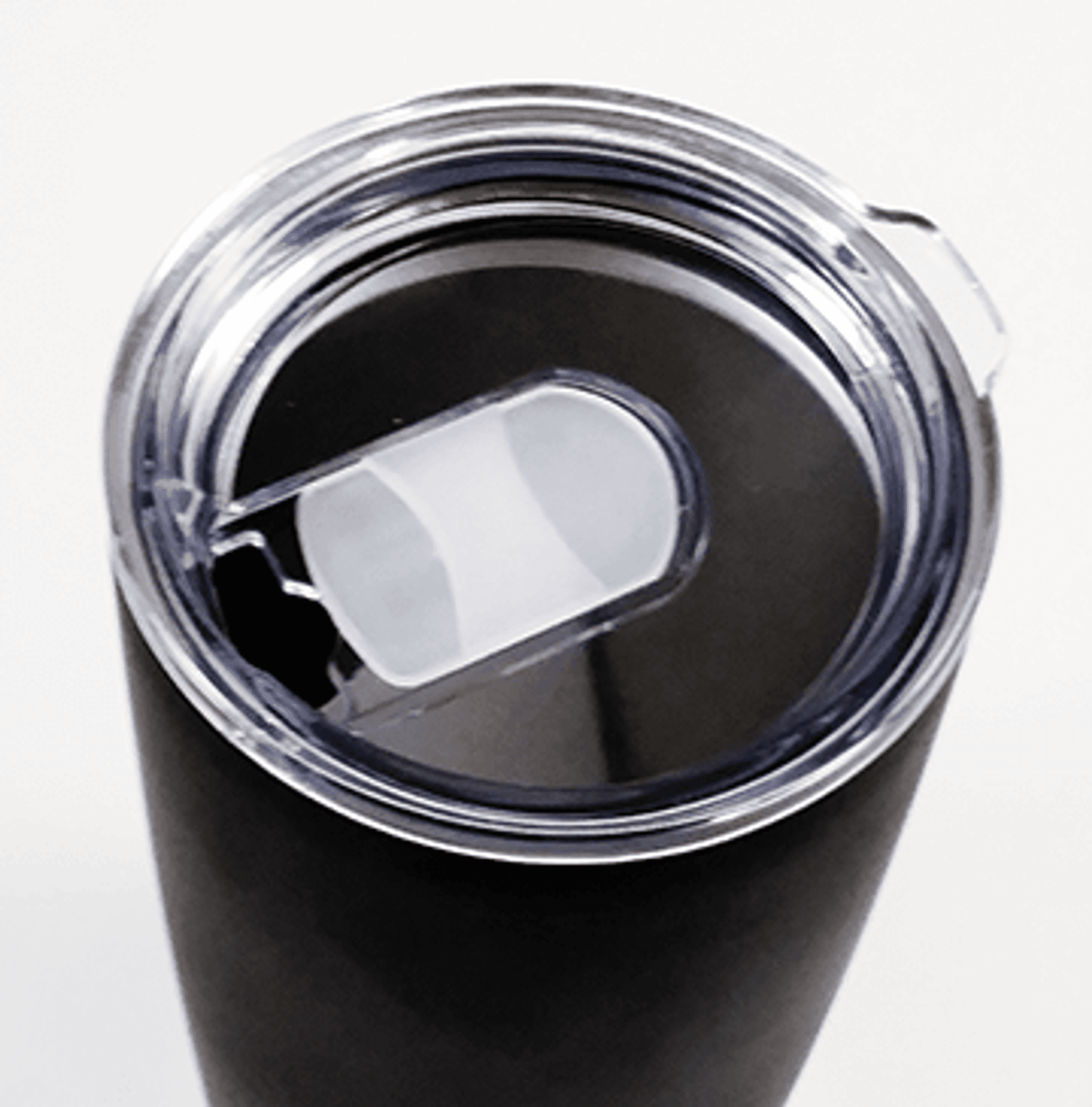 Black insulated tumbler with clear lid and flip-top slider